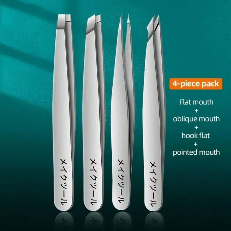 4-Piece Stainless Steel Tweezers Set - Professional Precision Slanted Tip Tweezers For Eyebrow, Facial Hair, And Blackhead Removal - Neutral Blackhead Extractor For Residue-Free, Precise Cleansing