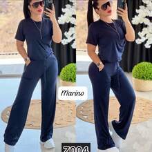 Conjunto 2 pzas Playera holgada, pantalon ajustado-acampanado - Azul Marino - Ver 2