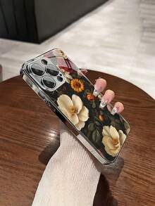 1pc Fashionable Retro Floral Pattern Tempered Glass Material With Lens Film Electroplated Anti-Fall Scratch-Resistant Anti-Fingerprint TPU Full Edge Soft Phone Case Compatible With Apple Models - Multicolor - View 2