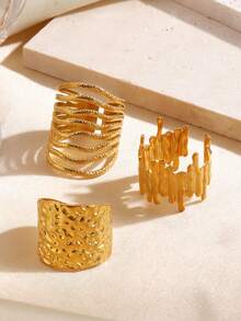 3件套不锈钢几何线条熔岩戒指，18K镀金，夸张加厚设计，适合女性日常佩戴和派对 - 彩色 - 查看 7