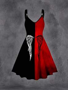 Women's Gothic Halloween Party Demon Wings Print Dress - Black and White - View 1