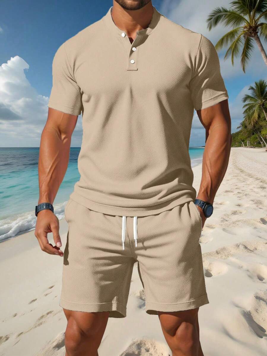 男士运动套装,立领套装,浅灰色透气短袖Polo衫,男士休闲运动短袖+短裤套装,纯色圆领Polo衫套装,带口袋和抽绳,夏季款 - 卡其色 - 查看 1