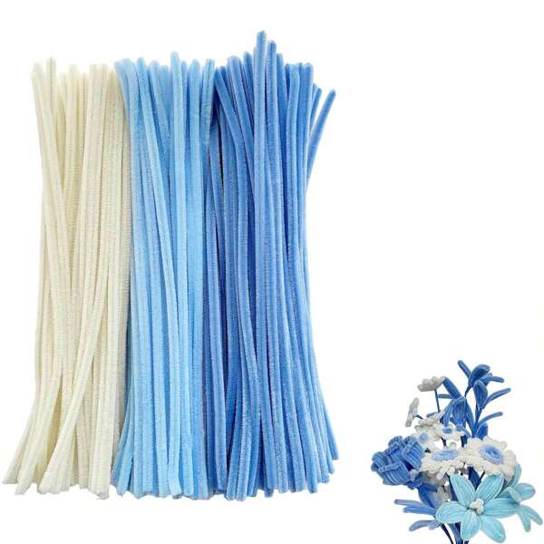 Blue And White Pipe Cleaner Flower Set, Upgraded DIY Craft Set, Suitable For Mother's Day, Graduation Ceremony, Valentine's Day And Holiday Gifts, Craft Wool Core Set, Blue And White Pipe Cleaner Flower Set