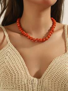 1pc Boho Style Round Geometric Ceramic Pumpkin Bead Handmade Beaded Necklace With Stainless Steel Chain & Lobster Clasp, Gift For Women, Suitable For Daily Wear And Holidays