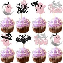 24 piezas de decoraciones para cupcakes de Halloween, con murciélagos, fantasmas y "Little Boo" en colores rosa y negro, para fiestas de Halloween, baby shower, cumpleaños y decoración de pasteles