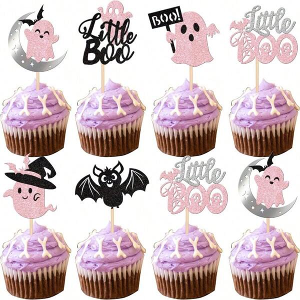 Pacote com 24 toppers para cupcake de Halloween, palitos de cupcake fantasma do Bat Little Boo para festa temática de Halloween, chá de bebê, decoração de bolo de aniversário, suprimentos rosa e preto
