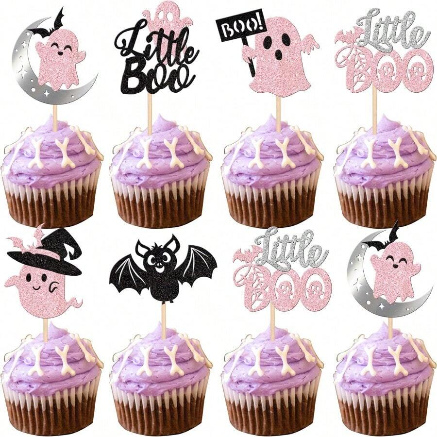24 piezas de decoraciones para cupcakes de Halloween, con murciélagos, fantasmas y "Little Boo" en colores rosa y negro, para fiestas de Halloween, baby shower, cumpleaños y decoración de pasteles