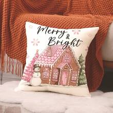 4pcs Christmas Theme Pillow Covers, Pink Letter Print Snowman & Reindeer Pattern, Farmhouse Style Polyester Fabric Zippered Single-Sided Print Cushion Covers, Pillow Inserts Not Included, Winter, Christmas Holiday Home Decor, Suitable For Sofa, Bed, Chair, Bedroom, Living Room, Patio Decoration