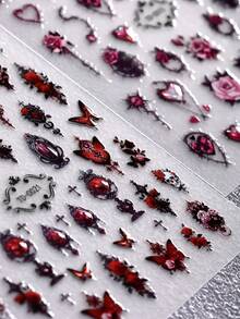 Beauty Sticker 2片装5D万圣节美甲贴纸，浮雕果冻哥特玫瑰骷髅刺心形自粘美甲贴花，适合女性万圣节DIY美甲用品 - 紅色 - 查看 4