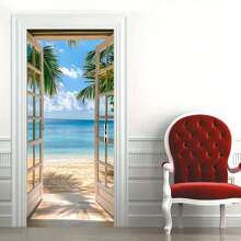 1/2pcs Blue Sky & Seascape Door Decal - Removable Self-Adhesive Tropical Beach Mural With Palm Trees & Ocean View, High-Quality Paper Suitable For Doors & Windows, Easy To Apply Home Decor, Plastic Surface Sticker Wall Stickers Wall Sticker Stickers Room Decor