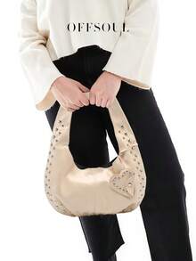 Neue Wildleder Halbmond Form Umhängetasche, modische Malachit Nieten & Perlen Dekor Lässig Umhängetasche für coole Mädchen Retro Frauen - Beige - Übersicht 2