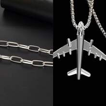 2 Pcs Men Hip Hop Jewelry Thick Link Chain Necklace And Long Silver Chain Aircraft Pendant Necklaces Set