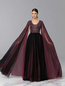 DELLA COUTURE Women's Summer Party Royal Mesh Long-Sleeved Ball Gown Beaded And Appliques Embellished Elegant Fitted Gorgeous Floor-Length Style Ideal For Parties Balls And Other Formal Occasions Long Cocktail Dress Wedding Guest - Black - View 2