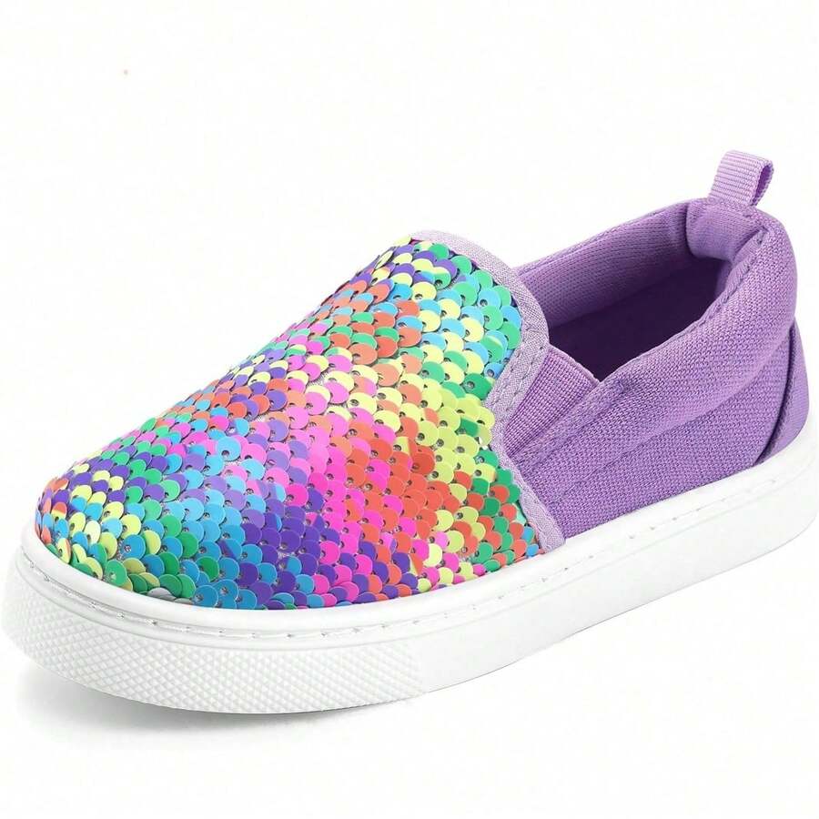 Toddler Girls Glitter Slip-On Sneakers – Sequin Canvas Walking Shoes, Lightweight & Non-Slip Casual Shoes - Purple Rainbow - 查看 1