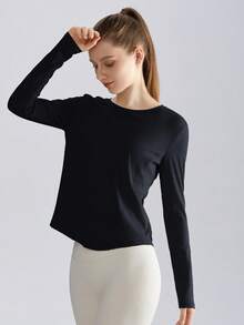 1pc Women's Solid Color Loose Fit Long Sleeve Fitness T-Shirt