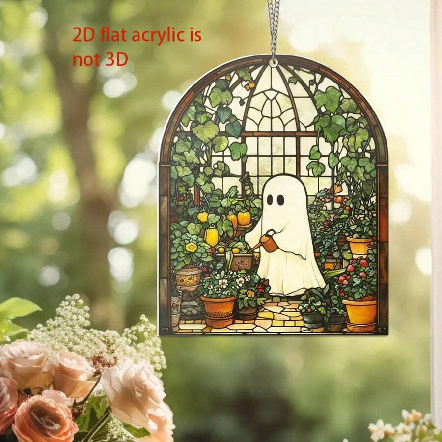 1pc Cute Ghost Greenhouse Sun Catcher Decoration, Halloween Ghost Acrylic Pendant, Gift For Plant Lovers, Halloween Home Decoration, 2D Flat Gift For Mom Halloween Decor Room Decor