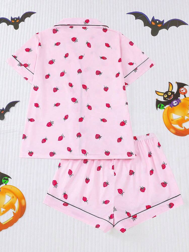 HOREA 2-Piece Summer Strawberry Print Women Lounge Set, Short Sleeve Polo Collar Cardigan Top And Elastic Waist Shorts, Casual Pajamas & Homewear Set For Women, Spring Autumn - Pink - View 11