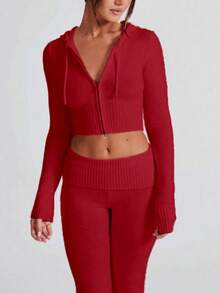 1 件女士时尚性感纯色连帽短款开衫 - 紅色 - 查看 1