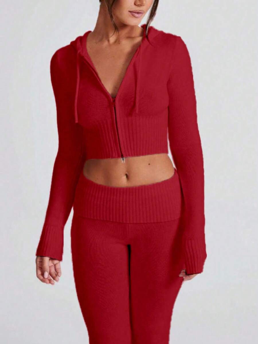 1 件女士时尚性感纯色连帽短款开衫 - 紅色 - 查看 1