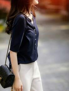 女士纯色V领短袖针织T恤，轻盈宽松，显瘦时尚，简约高端，夏季必备 - 藏蓝色 - 查看 4