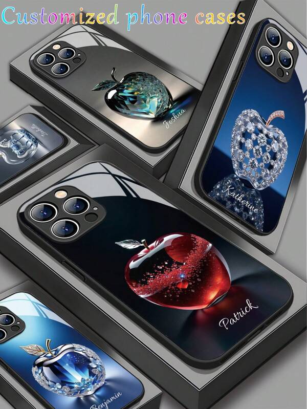 1 pieza Funda de teléfono personalizable con nombre y patrón de manzana de cristal, compatible con Samsung S24 Ultra/S25 Ultra y Apple 16 Pro Max/15/14 Plus/13 Pro/12 Pro Max/11/XsMax/8/7/6Plus, linda, divertida, minimalista, a juego, Kawaii personalizada, única, regalo ideal para novio, novia, familia, amigos, abuelos, parejas, amantes de las mascotas, aniversario