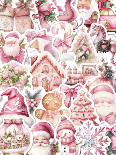 50Pcs Christmas Sticker For Kid, Pink Vintage Christmas Party Favor Supply Sticker Waterproof Water Bottles Laptop Motorcycle Guitar Skateboard Graffiti Decals Xmas Gifts Stickers For Kids Teens Girls