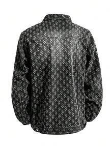 复古街头时尚美式休闲牛仔花卉印花男士夹克，秋季 - 黑色 - 查看 2