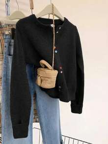 Áo khoác cardigan dài tay cổ tròn cài cúc nhiều màu sắc dành cho nữ cỡ lớn, trang phục lễ hội thu đông, áo dự tiệc màu đen. - màu đen - Xem 5