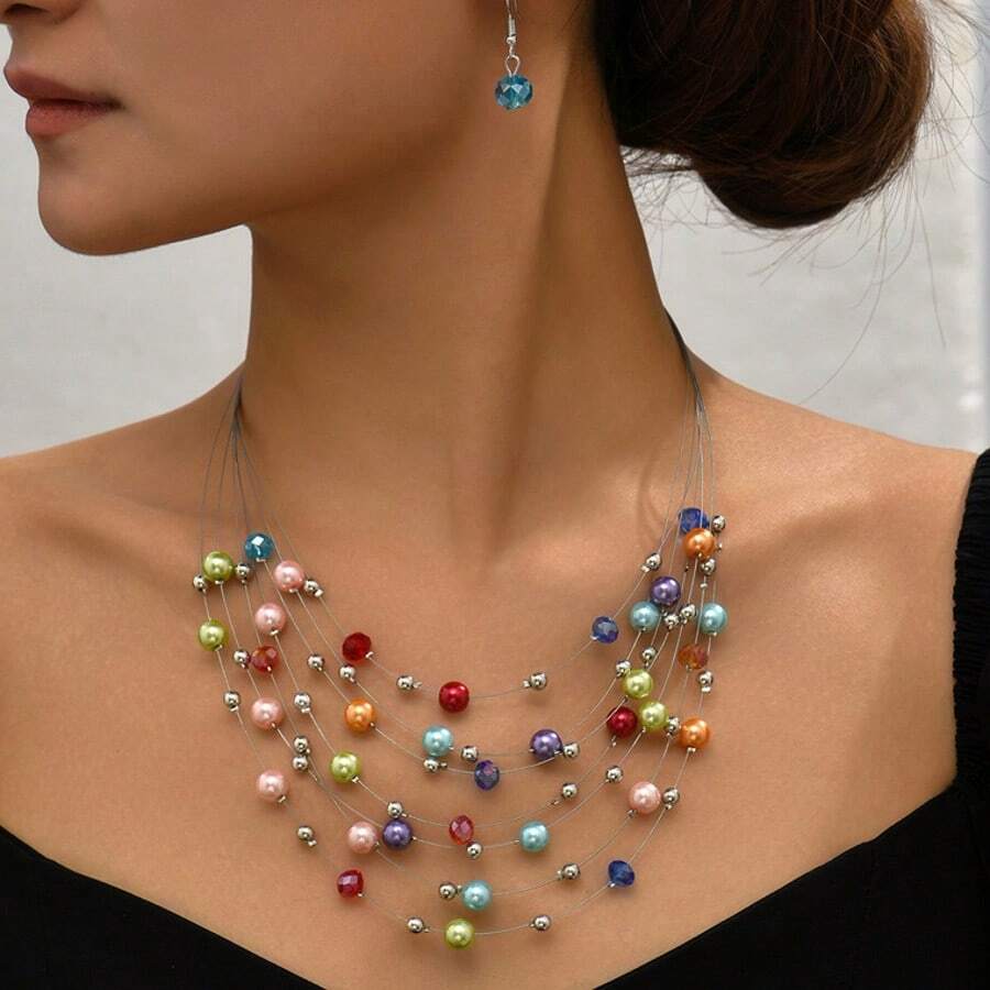 3PC Boho Multilayer Colorful Imitation Pearl Beads Necklace&Earrings Set For Women Jewelry Set Party Wedding Gift - 彩色 - 查看 1