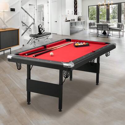 Mesa de billar, mesa de billar de 6.3 pies, mesa portátil plegable para ahorrar espacio, juego de mesa de billar que incluye bolas, tacos, tizas y cepillo, negro con tela roja, perfecto para sala de juegos familiar, niños y adultos