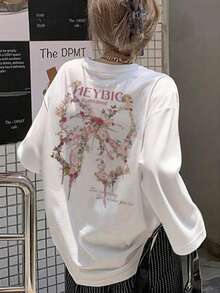 女士棉质宽松休闲长袖T恤，带字母、花朵和蝴蝶结印花，时尚百搭，春秋季