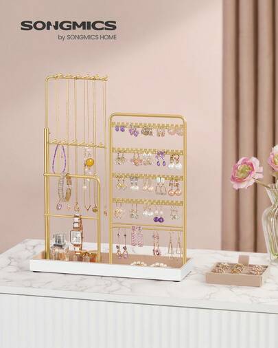 SONGMICS Schmuckständer, Schmuckhalter, Metallrahmen, Schmucktablett Samt, ausziehbarer Kettenhalter, 30,9-47,5 cm hoch, Schmuckaufbewahrung, blassgold