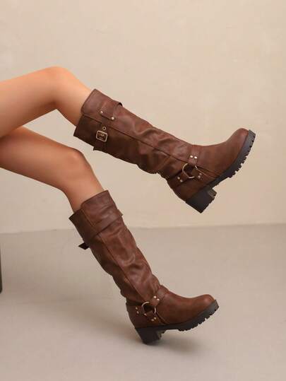 Fall/Winter Round Toe Cowgirl Boots For Women, High Shaft Western Boots, Retro Buckle Strap Tall Boots, Chunky Heel Comfortable Outdoor Thick Sole Fashion Boots