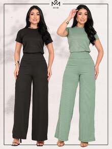 Women's Set Loose Pants Short Sleeve Blouse Elegant Casual Elegant Party Office Work Pantaloons - 酒紅色 - 查看 5