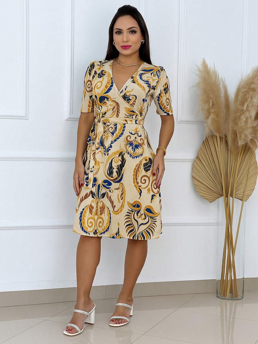 Women's Casual Elegant Printed Dress In Romantic Fabric - Yellow - View 1