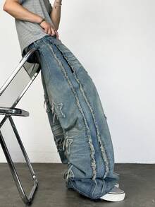 1 件正义兄弟复古刺绣星星男士宽松阔腿休闲牛仔裤，宽松长裤 - 藍色 - 查看 3