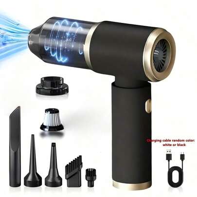 Easypie Selection High-Power Handheld Car Vacuum Cleaner, Perfect For Both Car And Home Use, Matte Black And Gold Finish, Champagne Gold Decorative Ring Design, Washable Filter, USB-C Fast Charging, High-Power Hurricane Suction, Perfect For Cleaning Car Seat Crevices, Pet Hair, And Keyboards, A Must-Have For Camping Trips. Car Appliance Storage Kit With Charging Cable,