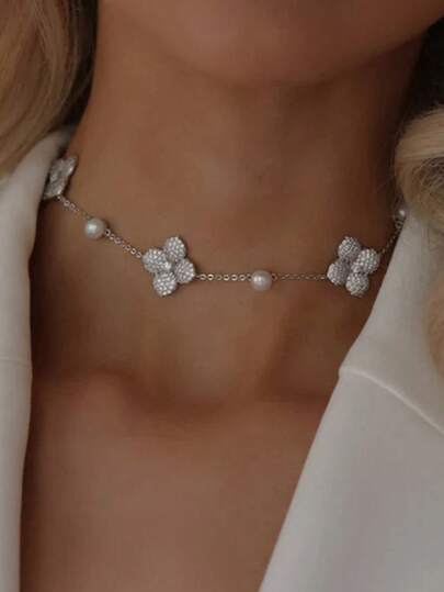 1pc Silver-Color Rhinestone Flower Pendant Necklace, Delicate Chain Cultured Pearl Necklace, Everyday Wear Jewelry Gift For Women