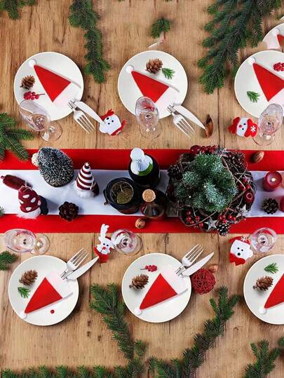 10pcs Christmas Decorations Set - Mini Santa Hats, Wine Bottle Hats, Plush Small Hats, Knife & Fork Covers