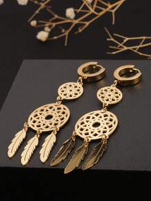 1 对不锈钢欧式 3 镂空花卉吊坠耳环，18K 金叶藤蔓吊坠耳环，适合作为妻子/女友情人节礼物，适合女性日常佩戴 - 金色捕夢網吊墜流蘇樹葉耳扣 - 查看 1