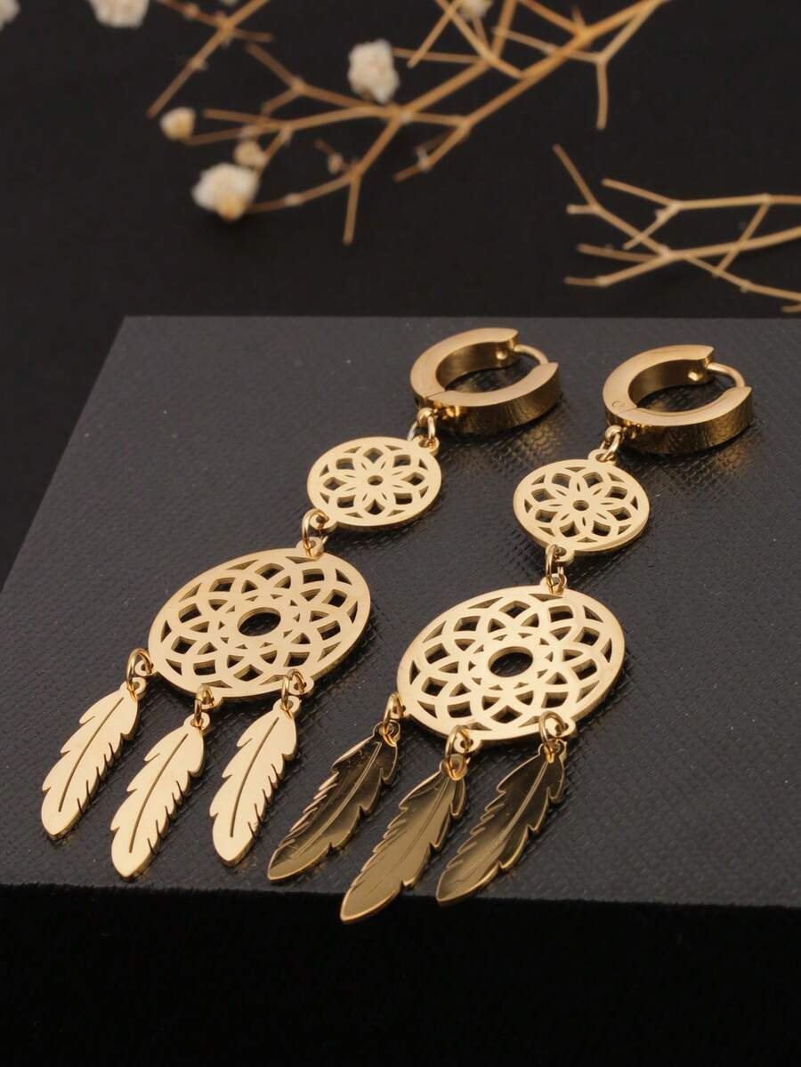 1 对不锈钢欧式 3 镂空花卉吊坠耳环，18K 金叶藤蔓吊坠耳环，适合作为妻子/女友情人节礼物，适合女性日常佩戴 - 金色捕夢網吊墜流蘇樹葉耳扣 - 查看 1