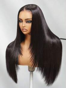 UNice Hair Black Layered Sleek Smooth Straight 13x4 100% Human Hair Lace Frontal Wig With Drawstring Pre Bleached Pre Cut Pre Bleached Invisible Lace Hair With Sophisticated Layer Cuts Zero Lace Edge Natural Look Pre Styled Hairline Unice Wig