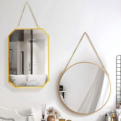 1 件壁挂镜子金色几何镜带链条装饰梳妆镜玄关装饰镜浴室墙镜梳妆镜适用于浴室卧室客厅拱门