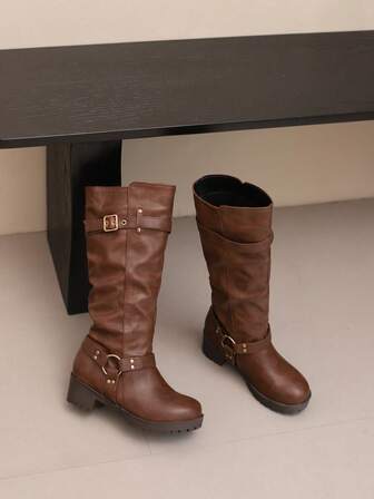 秋冬女士圆头牛仔靴，高筒西部靴，复古扣带高筒靴，粗跟舒适户外厚底时尚靴