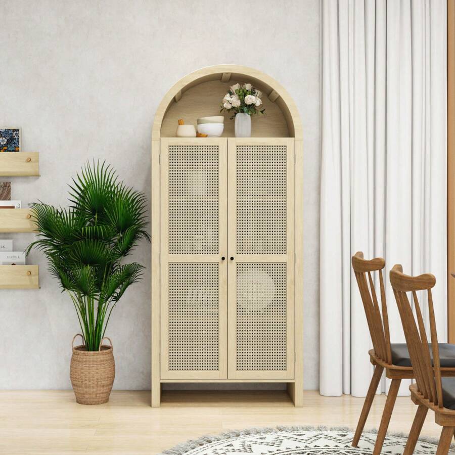 70.28" Tall Arched Kitchen Pantry, Arched Storage Display Cabinet With 2 Adjustable Shelves,Rattan Door Versatile Storage Cabinet For Kitchen, Dining Room, Living Room    RR