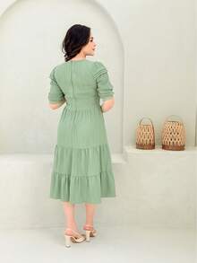 Women's Short Sleeve Dress With Ruched Hem, Peasant Casual, Guipure Detail, Modest, Well-Behaved, Must-Have, Ideal, Modern - Mint Green - View 2