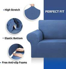 AMOROSA Juego De 3 Fundas Elásticas Para Sofá (1 Plaza, 2 Plazas, 3 Plazas) Cubre Sillones Para Sala Cobertura Completa Antideslizante Lavable Cómoda Y Ajustable Para Salas Para Casa - Azul - Ver 4