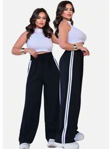Striped Track Pants High Waist - Black - View 2