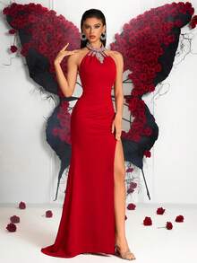 ADYCE 女士华丽水钻露背系带长裙，高腰褶裥设计，适合舞会、派对、正式场合、婚礼等。 - 紅色 - 查看 7