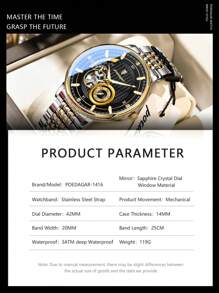 POEDAGAR 1pc Business Men's Stainless Steel Automatic Skeleton Tourbillon Mechanical Wrist Watches, Casual Man Wristwatch With Waterproof Luminous Function, Fashionl Male Watch Suitable For Daily Occasion, Gifts For Men